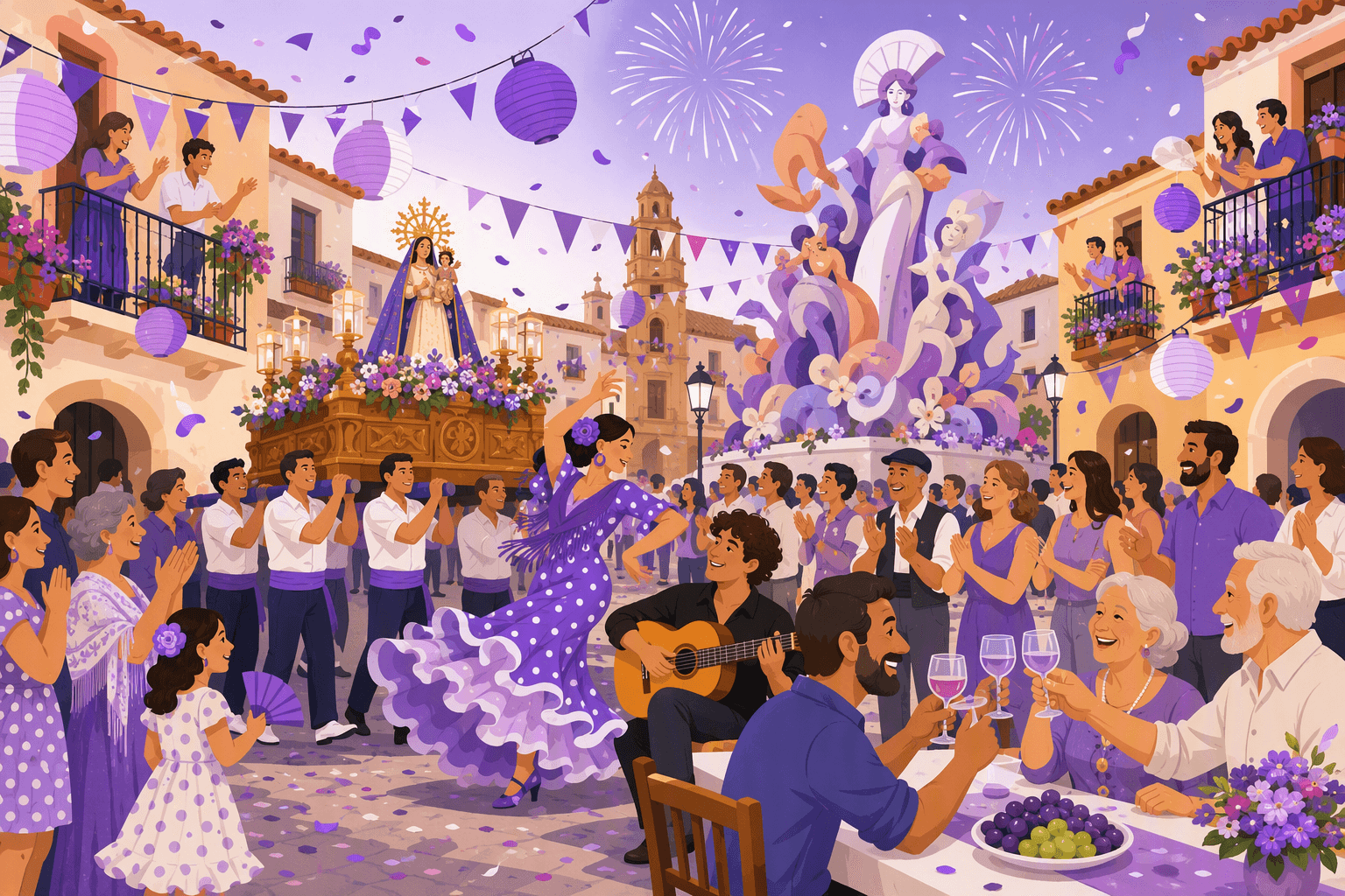 Spanish town plaza during a festival with a flower-covered procession float, a festival sculpture, fireworks, bunting and lanterns, a flamenco dancer and a family raising a toast