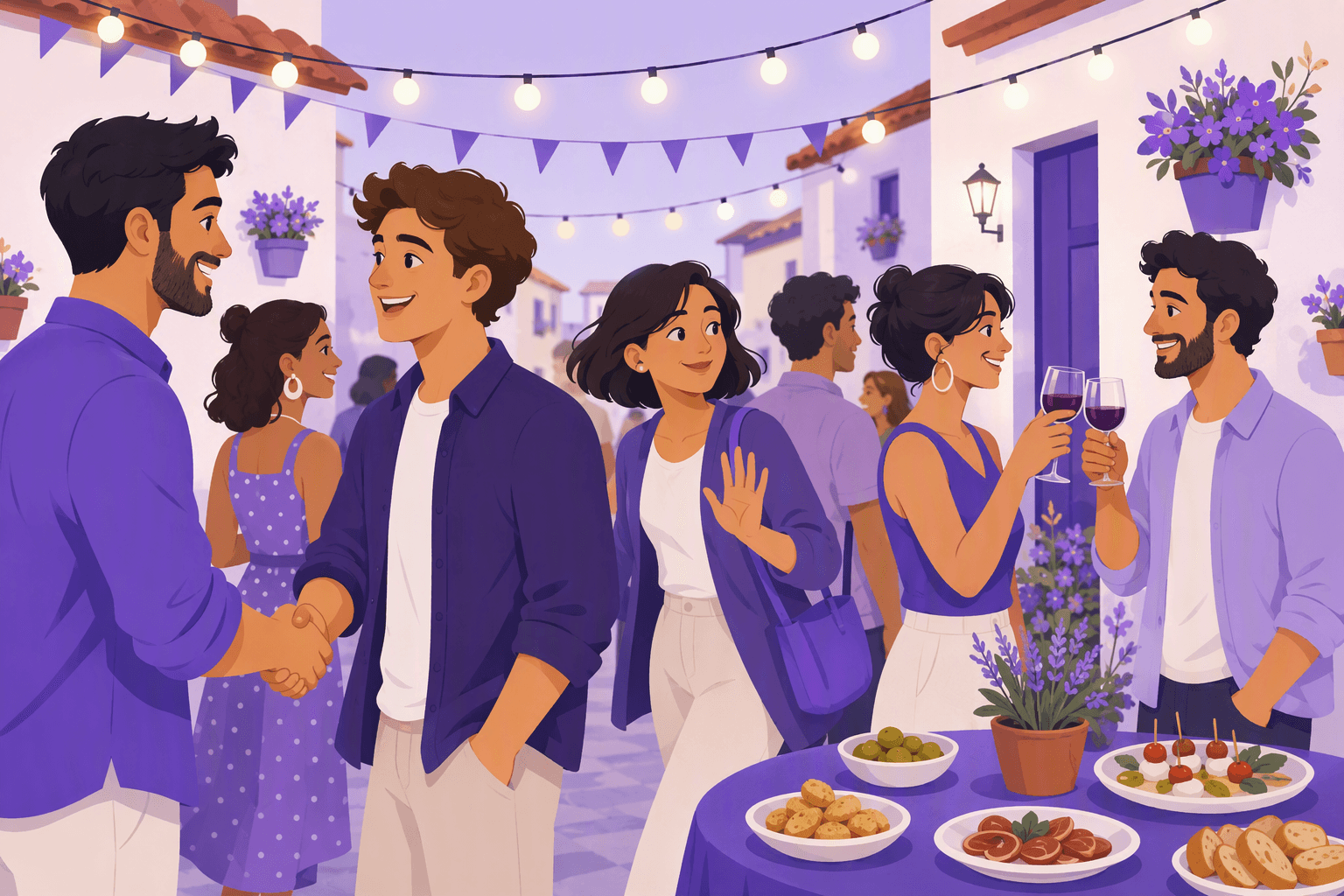 Friends greeting each other at an outdoor Spanish street party, one person politely passing through the crowd, and two people clinking glasses beside a table of tapas under strings of lights