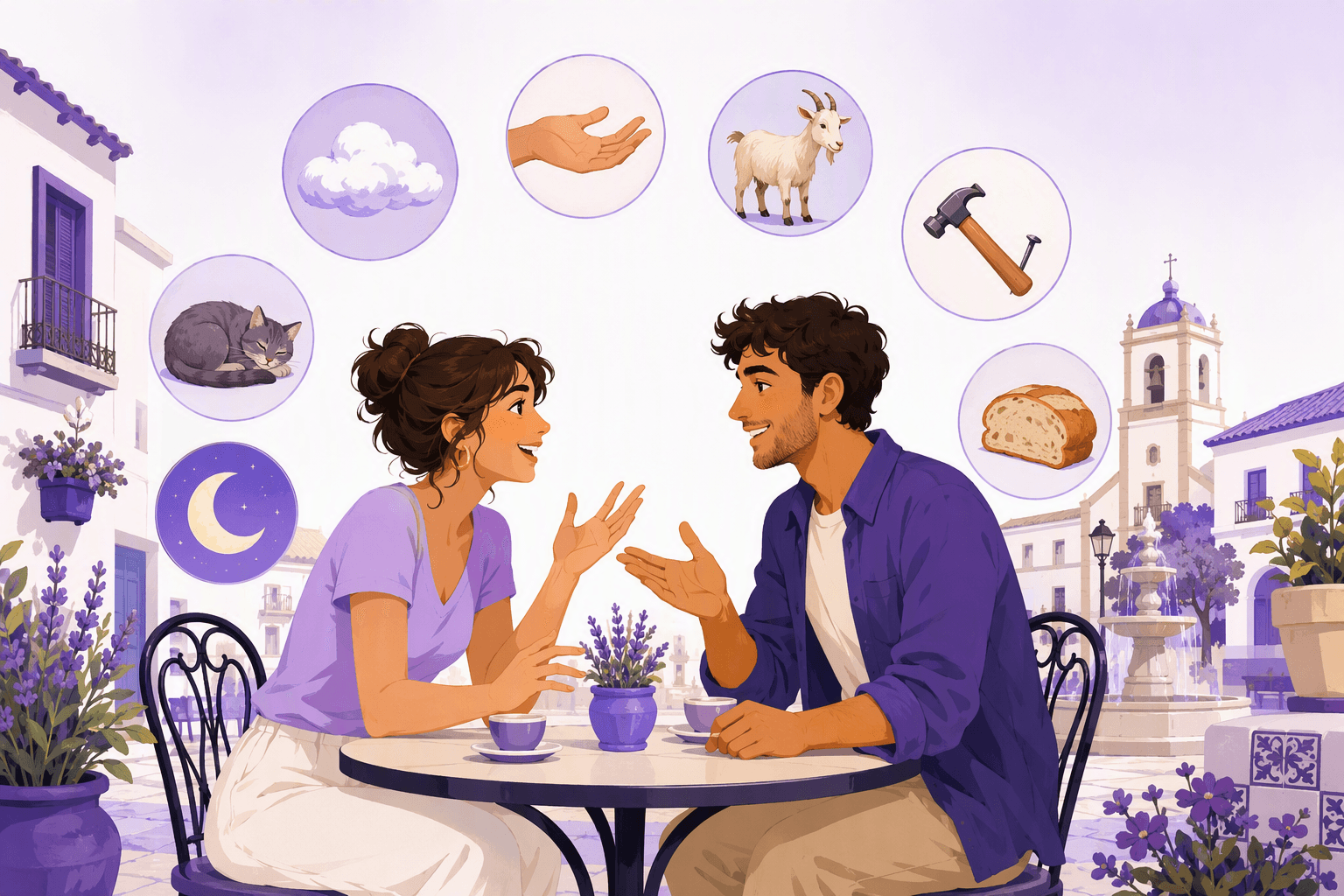 Two friends chatting at an outdoor cafe in a Spanish plaza, surrounded by small icons of common Spanish idioms