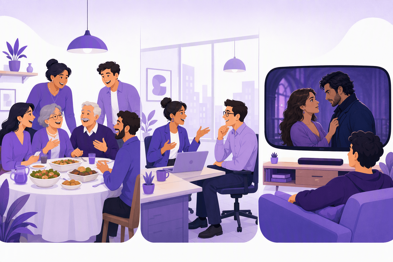 A family laughing around a dinner table, two colleagues chatting at a desk, and a viewer watching a TV drama