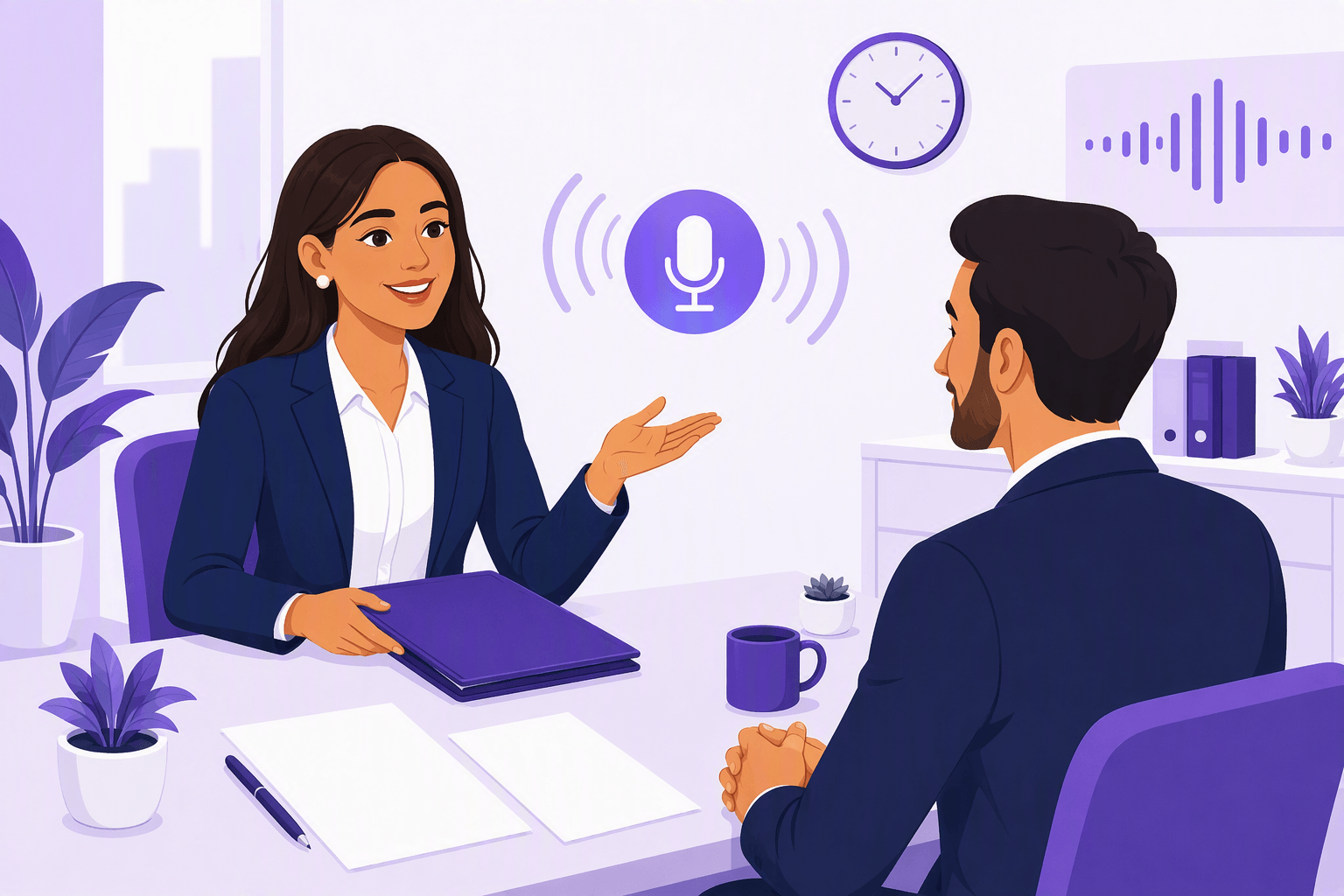 Flat-vector illustration of a job candidate and interviewer greeting each other across a desk in a modern office, surrounded by a portfolio, blank resume pages, a clock, a microphone, and sound waves.