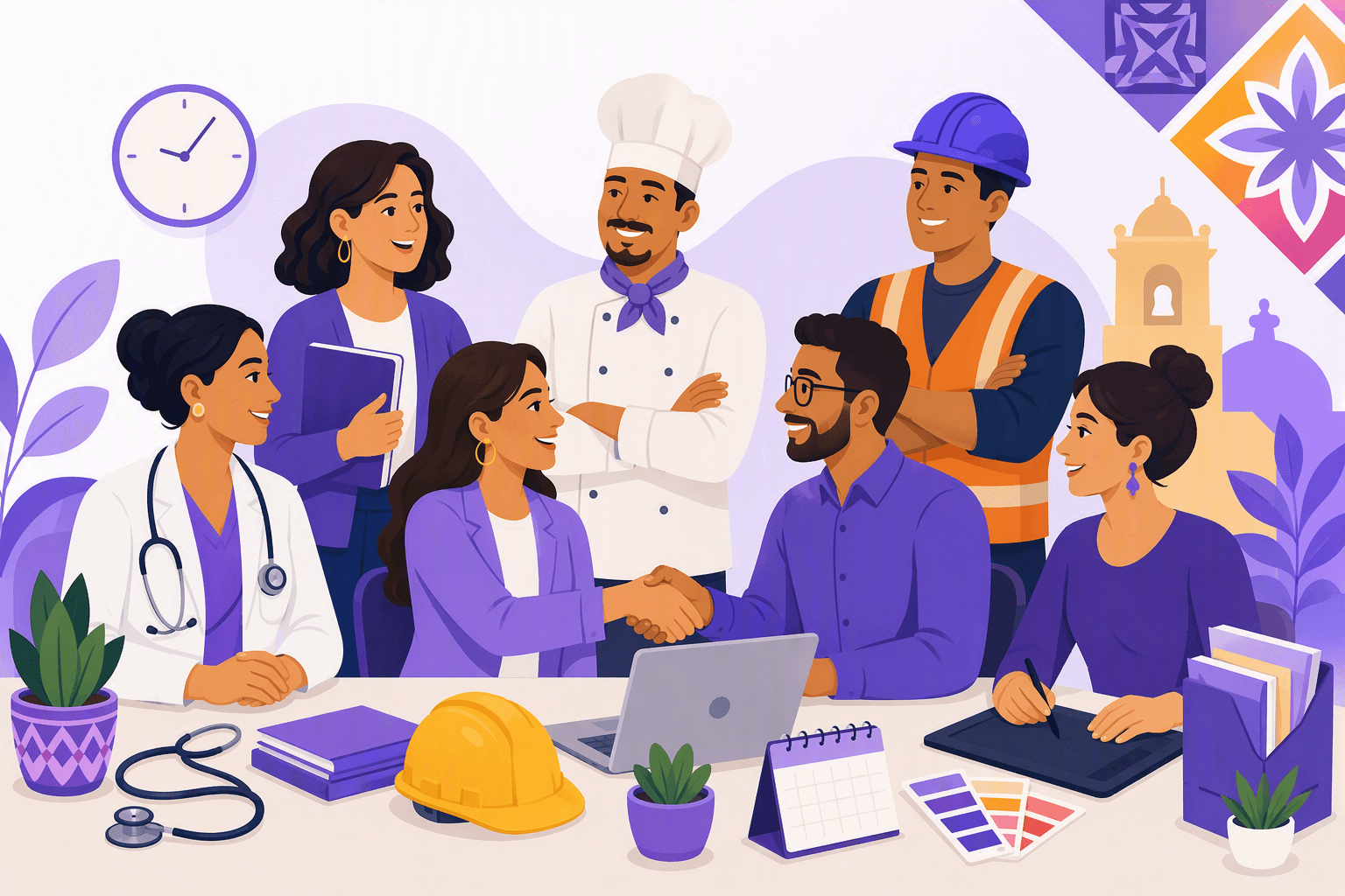 Flat-vector scene showing diverse professionals from different careers gathered around workplace objects including a laptop, stethoscope, hard hat, folders, calendar, clock, and a handshake.
