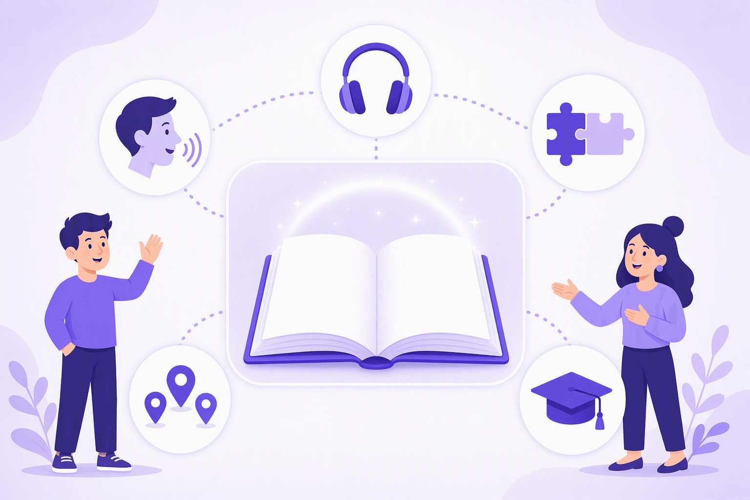An open book with blank pages at the centre of a circle of icon badges showing headphones, a speaking profile with a sound arc, two interlocking puzzle pieces, a cluster of map pins and a graduation cap, with two smiling people greeting each other on either side