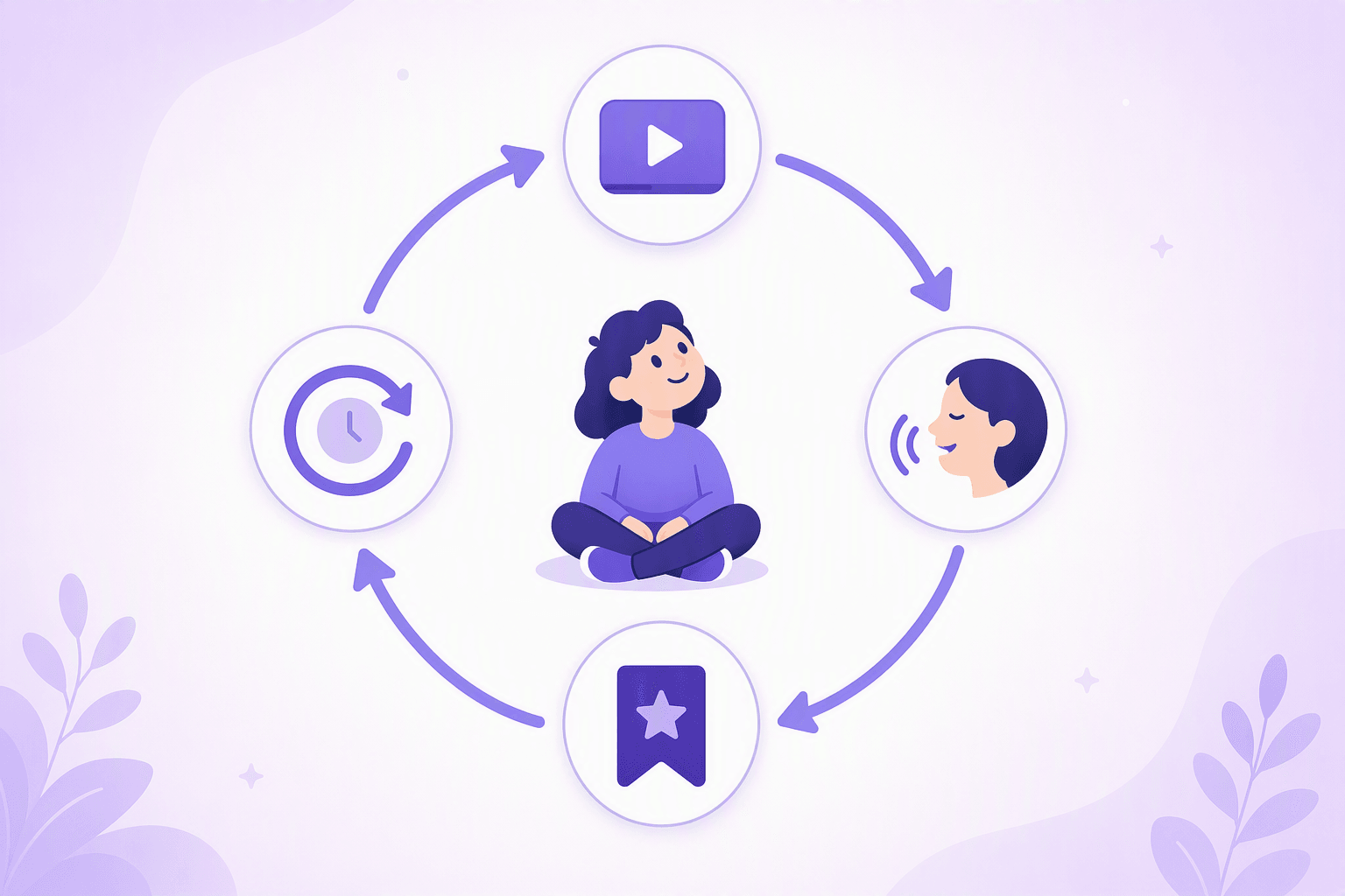 A four-step circular loop with clockwise arrows linking a play button on a small screen, a speaking profile with a sound arc, a bookmark with a star and a refresh arrow with a clock, around a calm seated learner in the centre