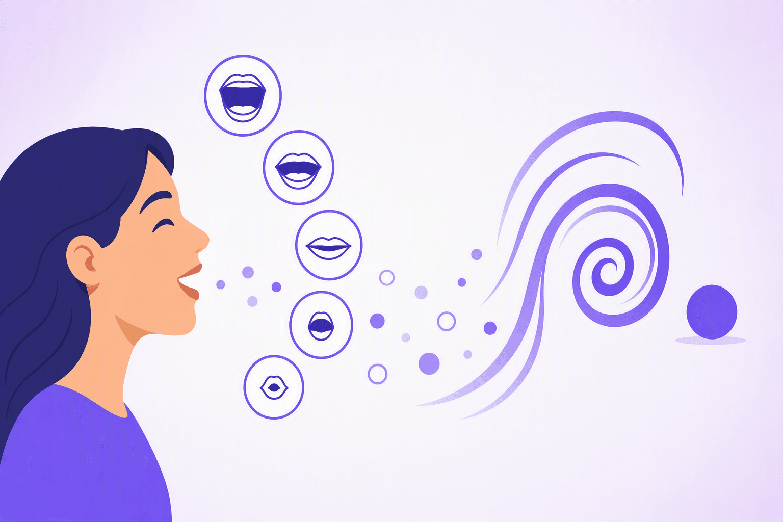 A speaker shown in side profile with five separate lip shapes arranged in an arc beside the head, from wide open to tightly rounded, and on the right a curling spiral next to a single small dot, contrasting a rolled sound with a single quick tap