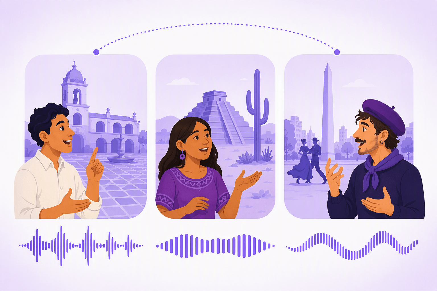 Three panels showing a speaker from Spain in front of a tiled plaza and bell tower, a speaker from Mexico before a stepped pyramid and cactus, and a speaker from Argentina by a city obelisk with a tango couple, each with a different speech-rhythm waveform below