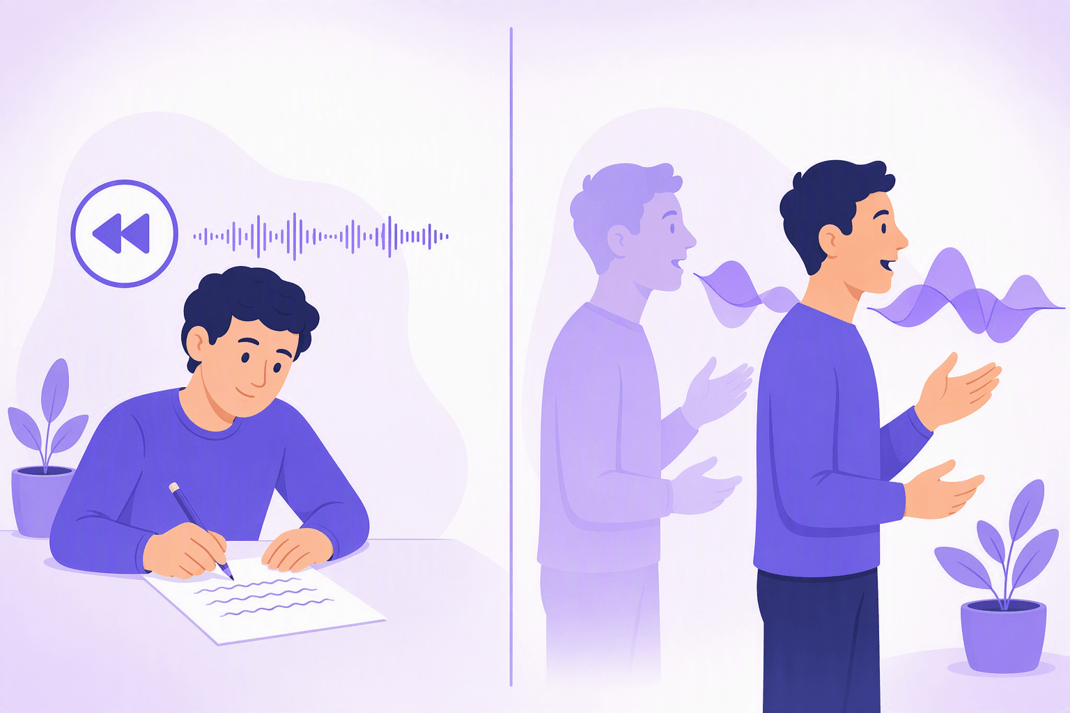 Split illustration: on the left a learner replays a short audio segment and writes each sentence down by hand, on the right a learner speaks a half-second behind a second figure whose voice is drawn as an overlapping offset wave