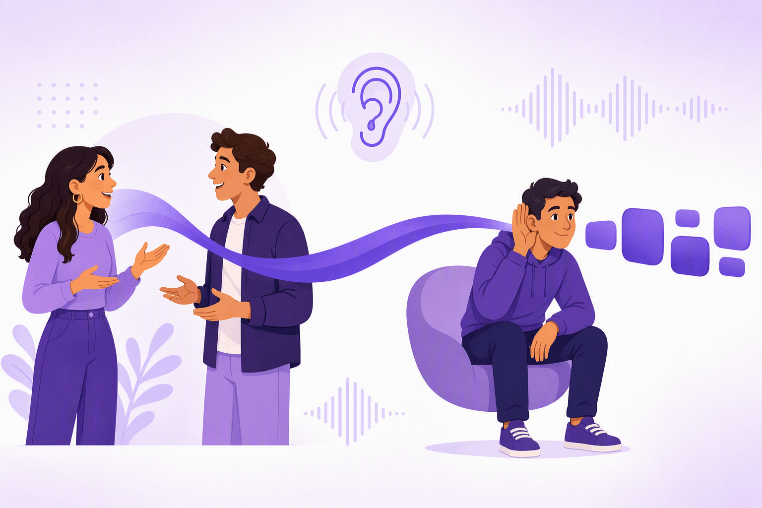 Two Spanish speakers talk while their speech travels across the frame as one unbroken purple ribbon, and at the ear of a seated listener the ribbon resolves into separate rounded word blocks