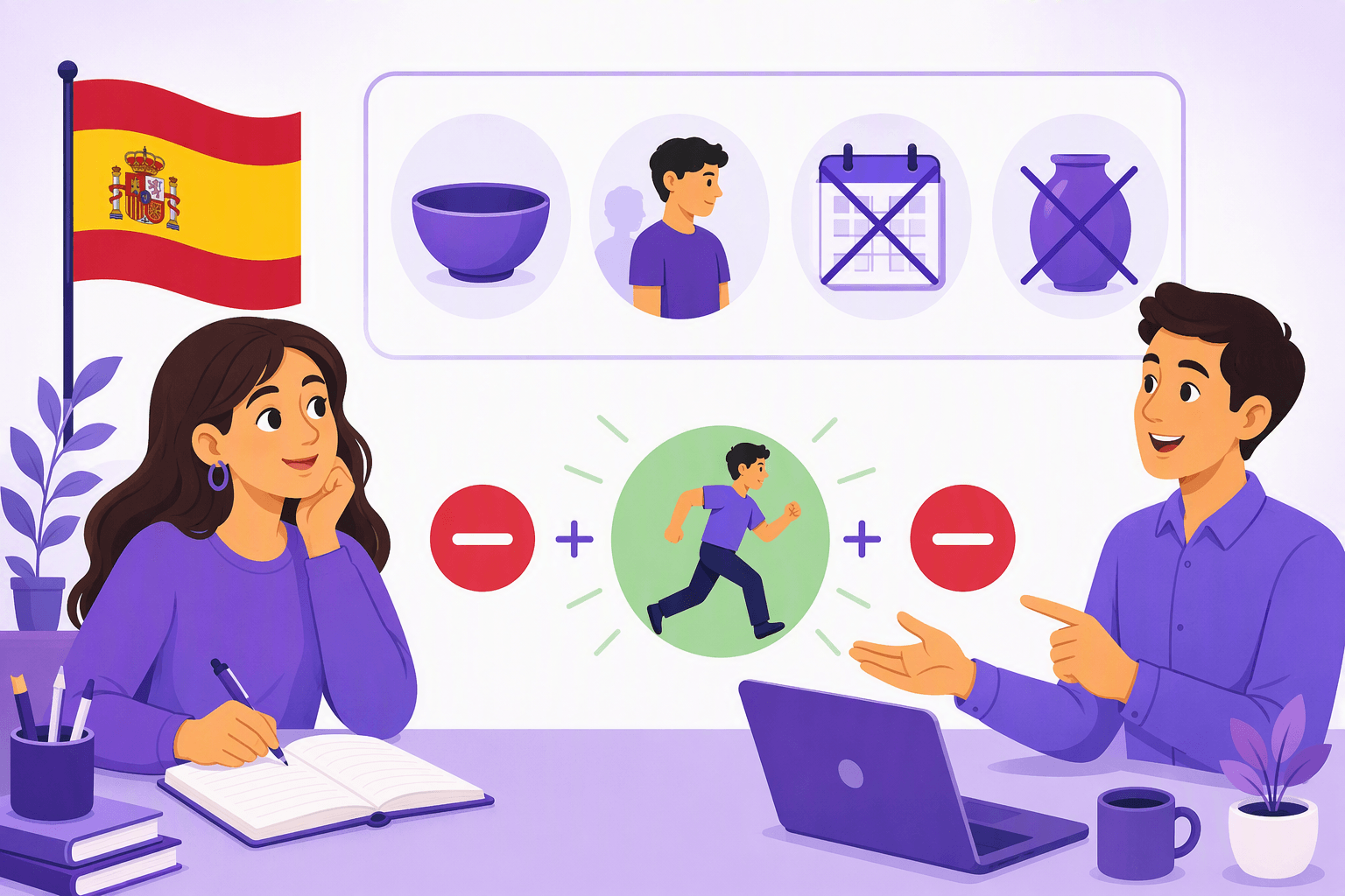 Flat-vector scene of a Spanish learner studying beside a Spanish flag, surrounded by pictograms for nothing, nobody, never, and neither, while paired minus symbols frame a green action icon to depict Spanish double negation.