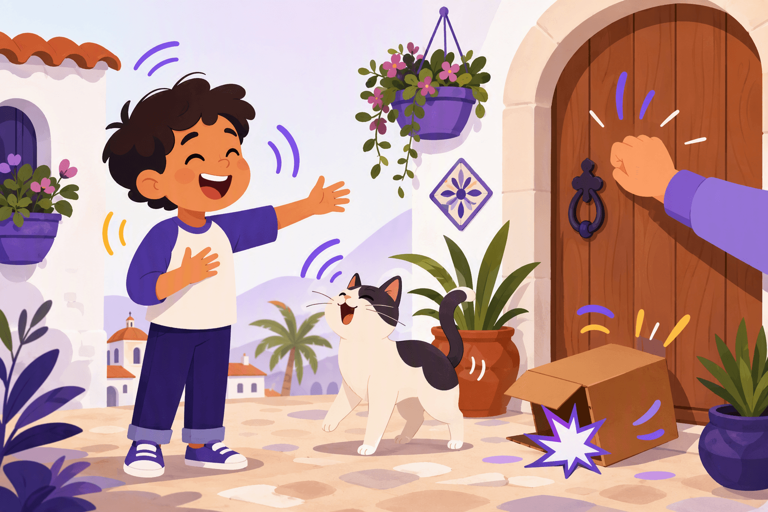 Flat-vector scene showing a laughing child, a meowing cat, a hand knocking on a door, and a small burst from a dropped box, with colorful sound waves and motion lines representing varied sounds.