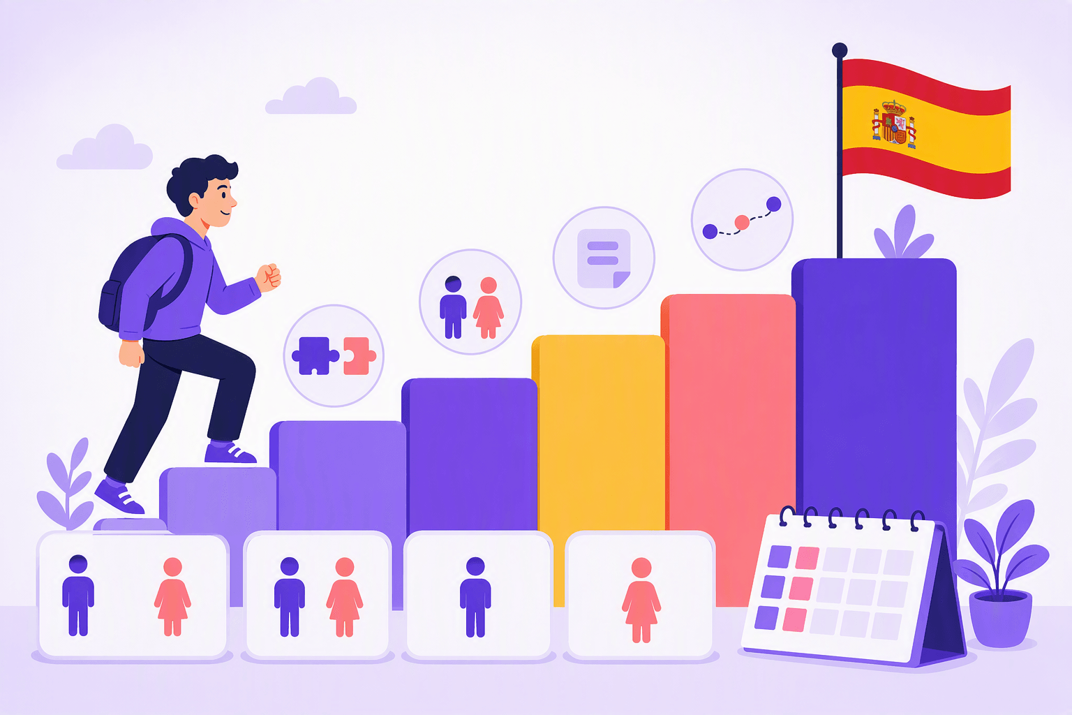A cheerful learner climbs a rising sequence of platforms beside a Spanish flag, calendar, paired figurines, and blank cards representing Spanish ordinal numbers, gender agreement, abbreviations, and ordered position.