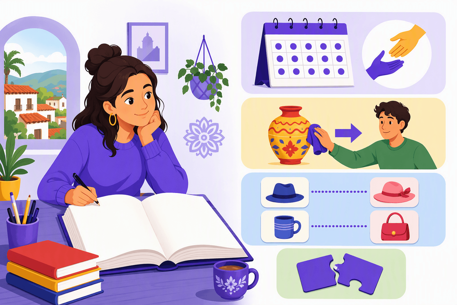 Flat-vector illustration of a Spanish learner studying beside an open blank book, with visual panels for completed actions, passive voice, gender and number agreement, and irregular verb forms.