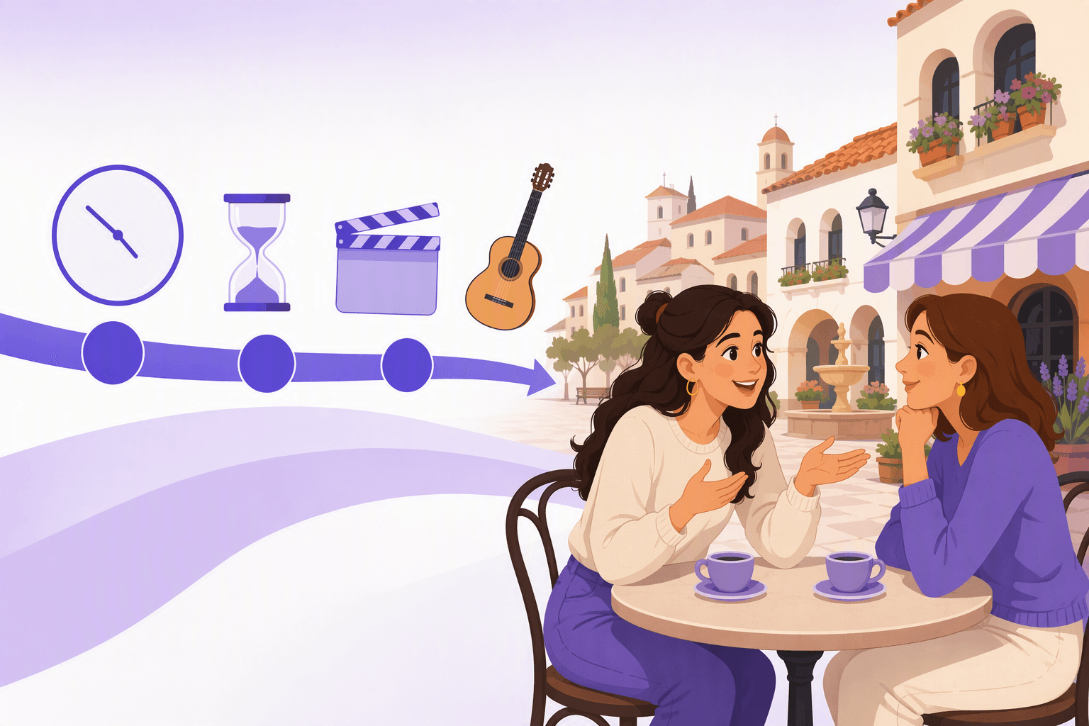 Two friends talking over coffee in a Spanish plaza beside a timeline marking completed moments above a flowing band of ongoing background time