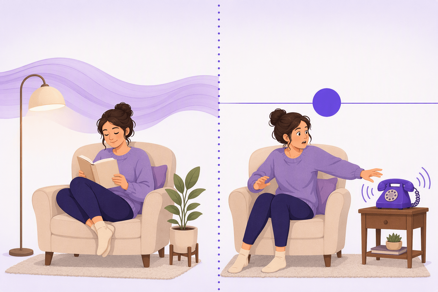 Split illustration: on one side a woman reads calmly under a flowing band of continuous time, on the other she turns to a ringing telephone marked by a single filled dot on a straight line