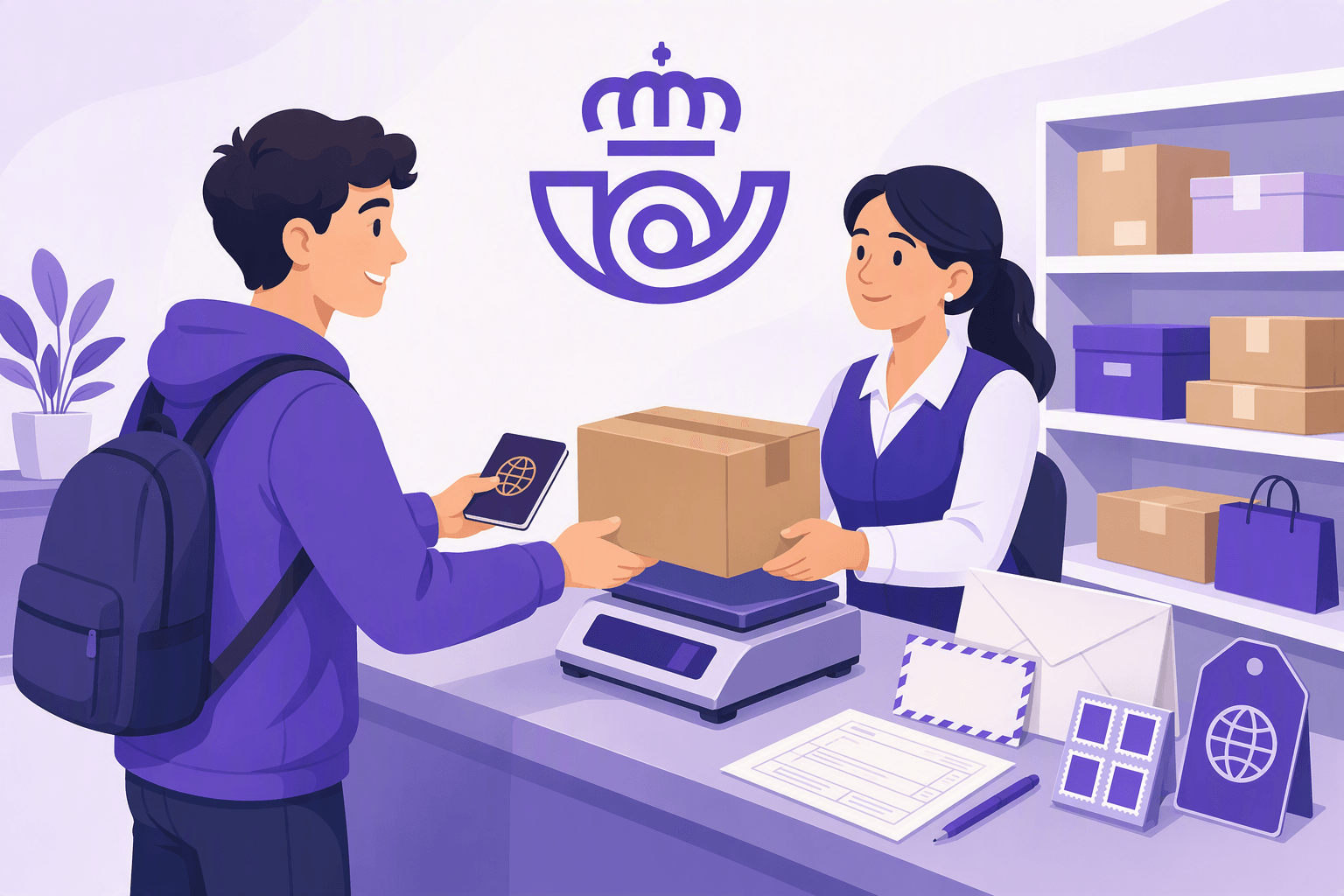A traveler hands a parcel and passport to a postal clerk at a Spanish post-office counter, with a scale, blank customs form, unmarked stamps, tracking tag, envelopes, and package shelves nearby.