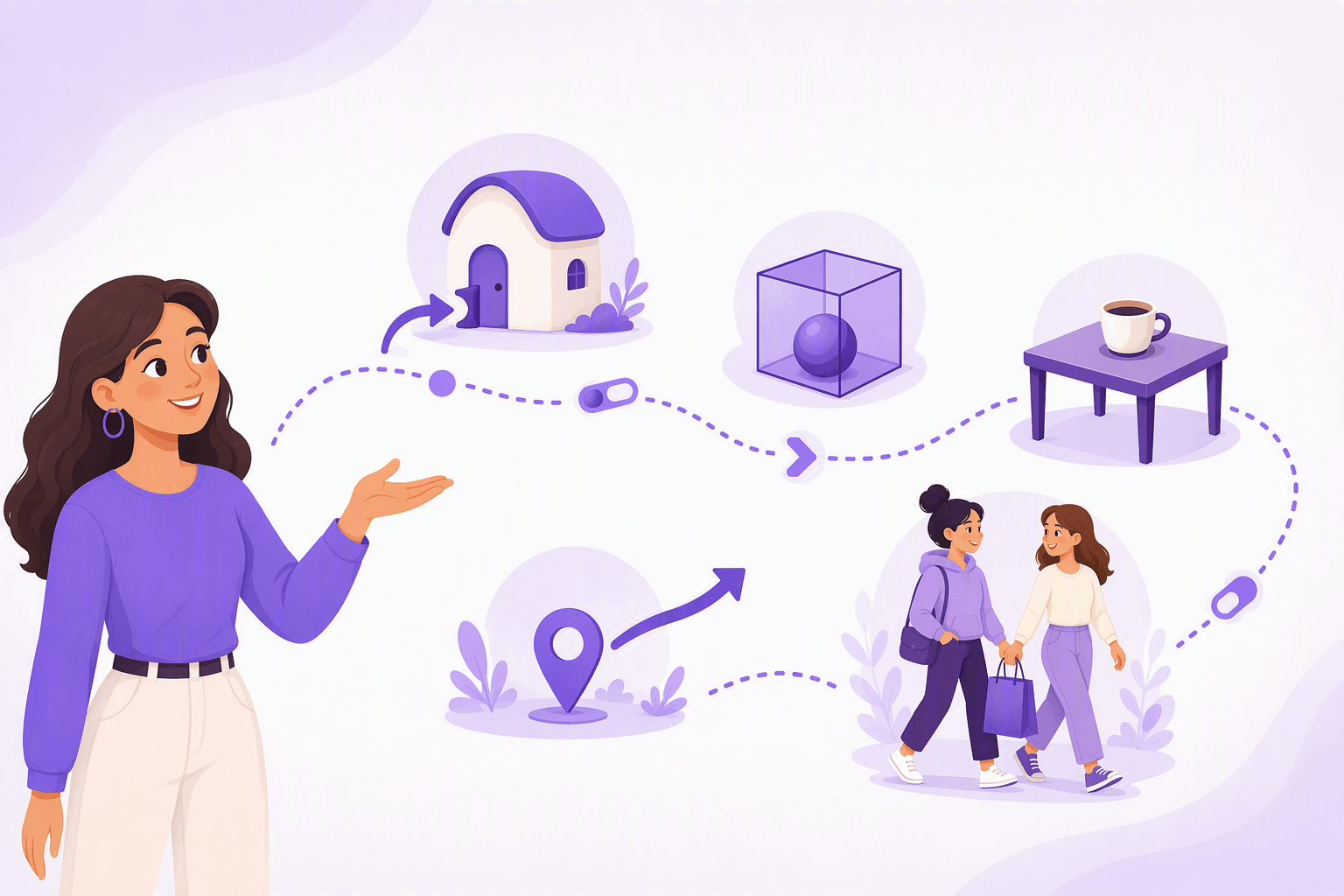 Illustration of the relationships Spanish prepositions express: a curved arrow pointing into a small house, a ball resting inside a cube, a cup sitting on a table, an arrow leading away from a map pin, and two friends walking together