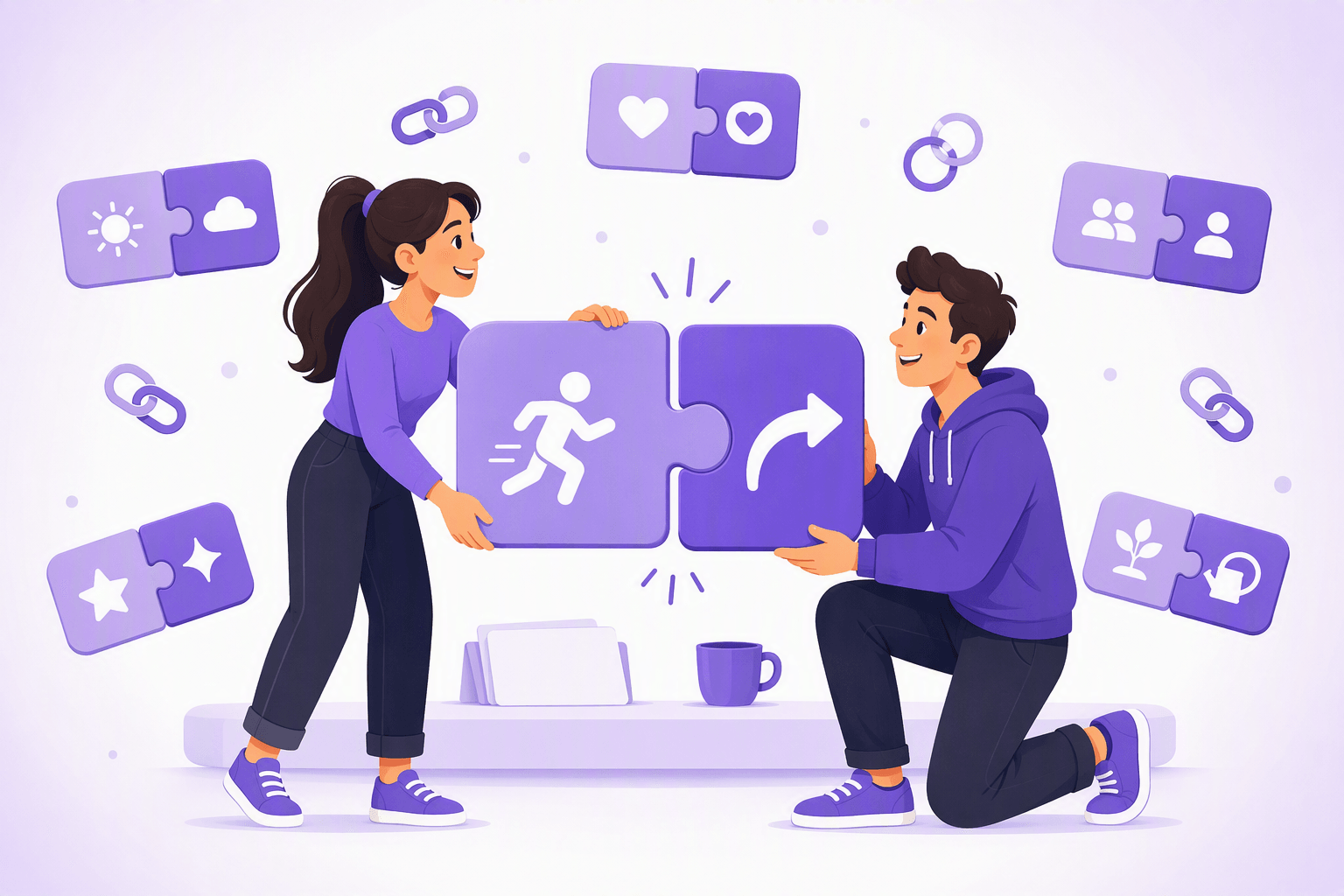 Two learners snapping together large jigsaw pieces, one showing a running figure and the other a curved arrow, surrounded by already-joined pairs and chain links