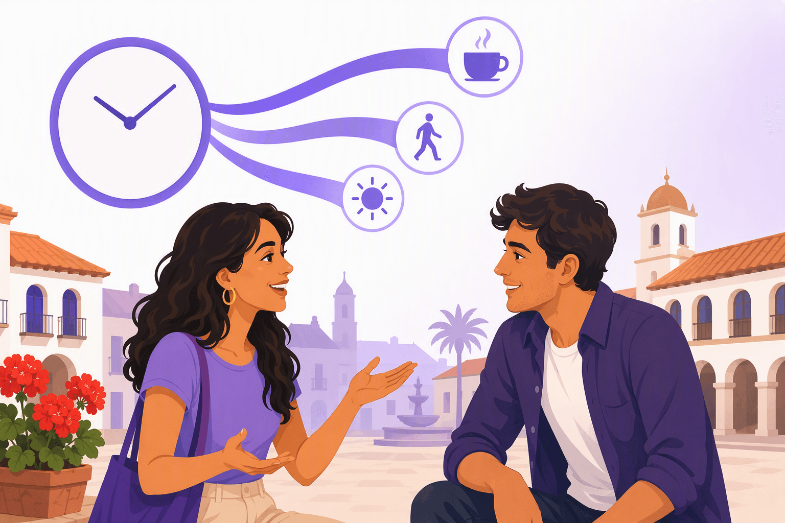 Two friends talking in a sunny Spanish plaza while three ribbons flow from a clock toward icons for a coffee, a walking figure and the sun, showing the everyday uses of the Spanish present tense