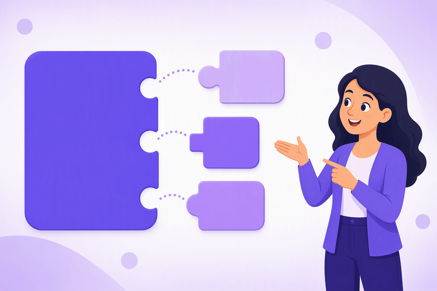 A large purple block with three sockets and three puzzle pieces snapping into it, a visual metaphor for adding present tense endings to a Spanish verb stem