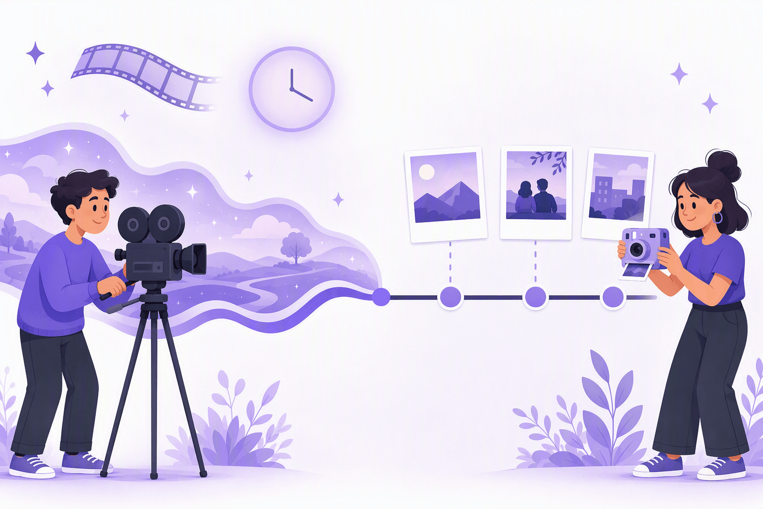 Split illustration contrasting the two Spanish past tenses: a rolling film camera trailing one continuous ribbon for the imperfect, and an instant camera capturing separate finished snapshots along a timeline for the preterite