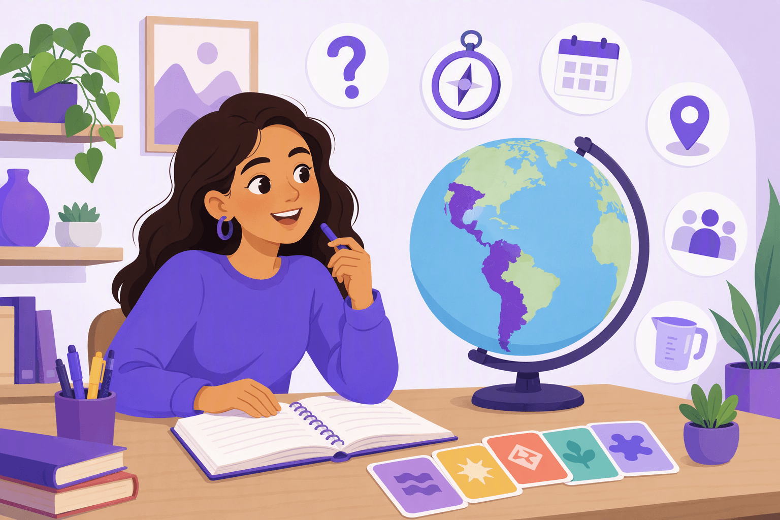 Flat-vector illustration of a Spanish learner studying at a desk beside an open notebook, a globe showing Spain and Latin America, and icons representing questions, directions, time, places, people, and quantities.
