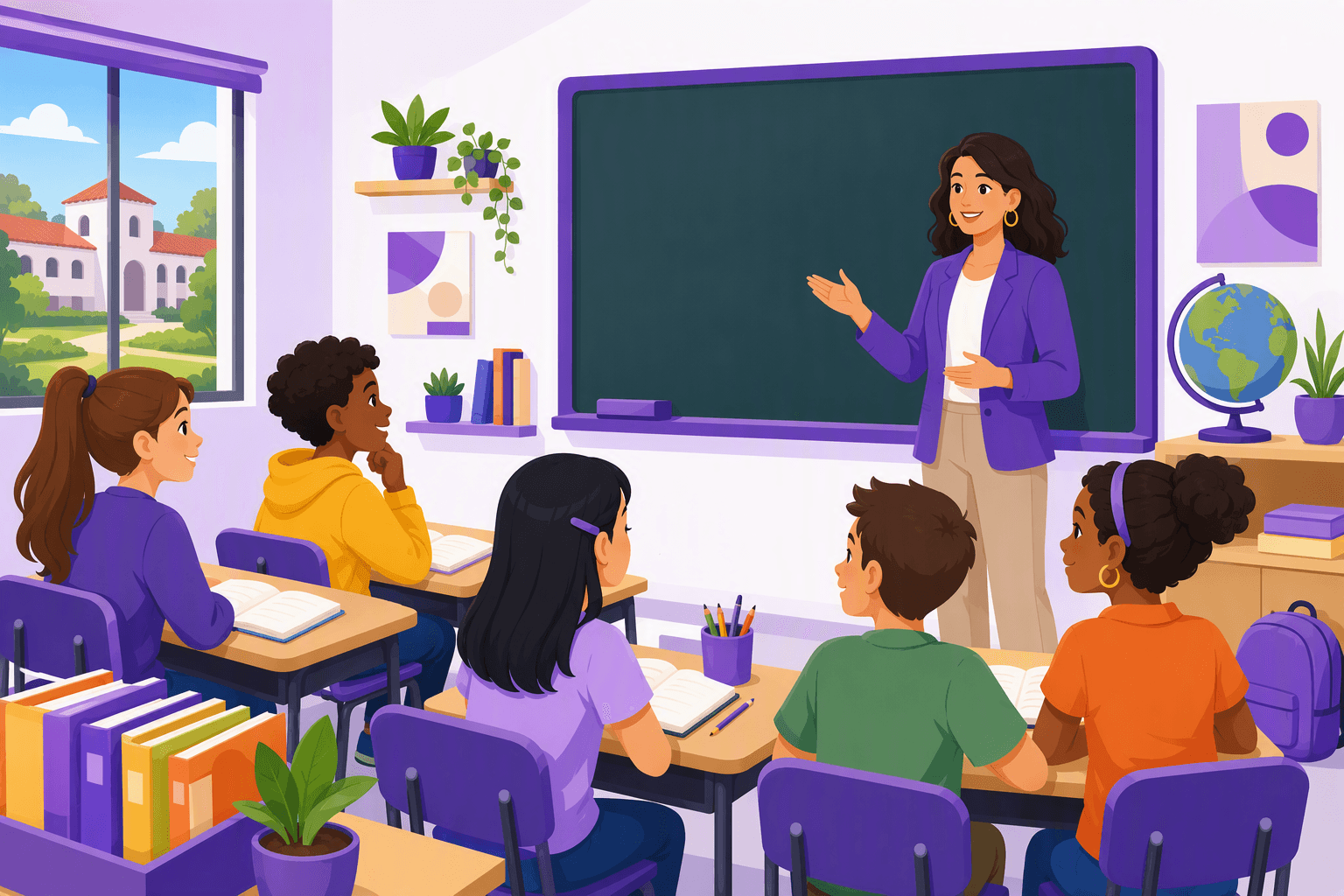 Flat-vector scene of a teacher and diverse students in a classroom surrounded by books, pencils, a backpack, globe, ruler, colorful folders, a blank chalkboard, and a school building seen through the window.