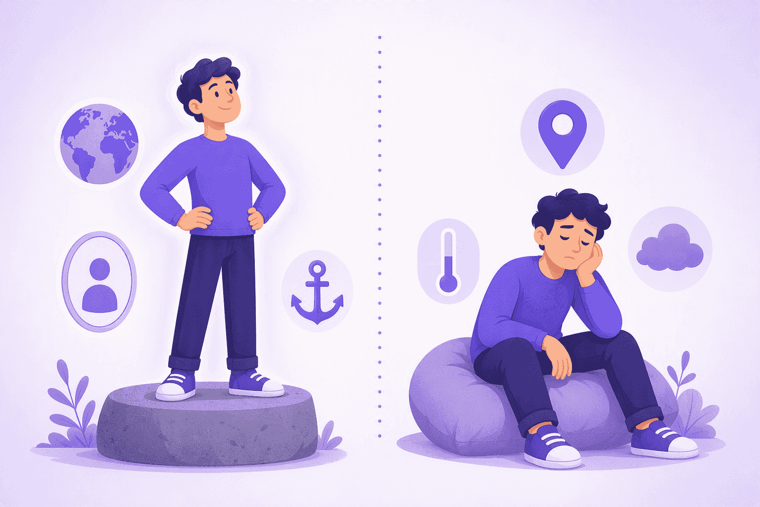 Illustration contrasting Spanish ser and estar: on one side a confident figure standing on a solid pedestal with globe, identity and anchor icons, on the other side the same figure sitting tired with a map pin, a thermometer and a cloud