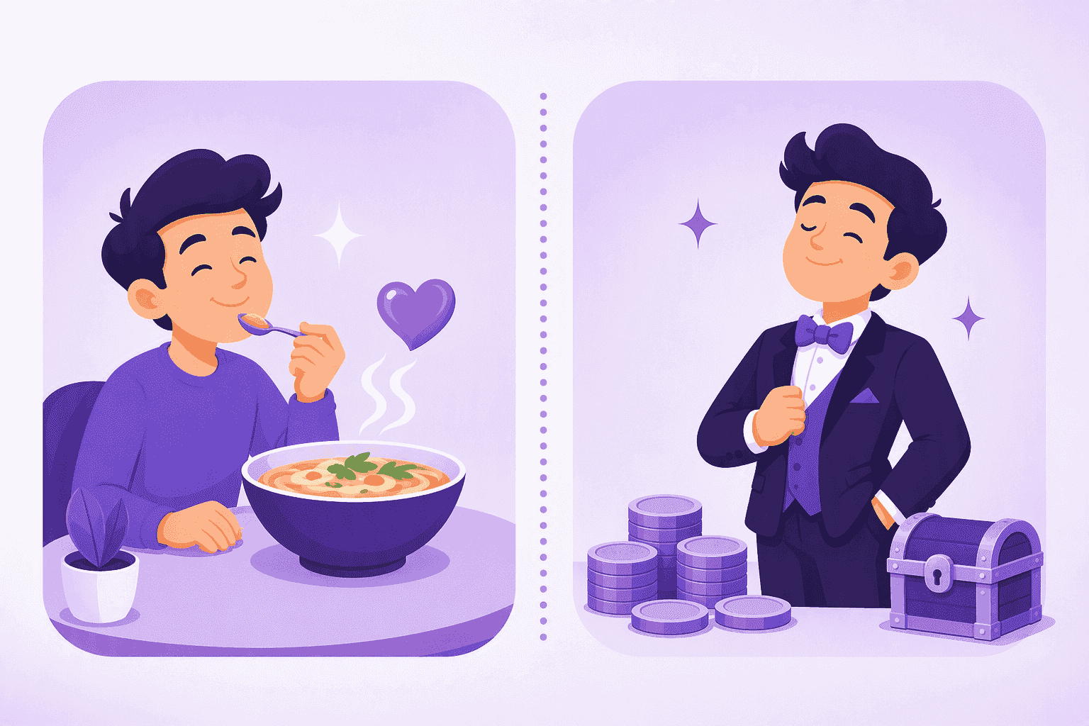 Illustration of one Spanish adjective with two meanings: on the left a person happily tasting a steaming bowl of food, on the right the same person in an elegant suit standing beside stacks of coins and a treasure chest