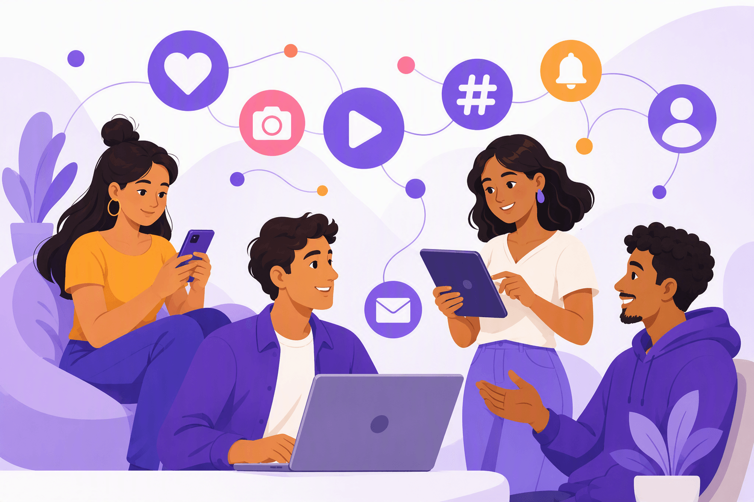Flat-vector illustration of diverse people using digital devices surrounded by colorful social media icons and notification symbols.