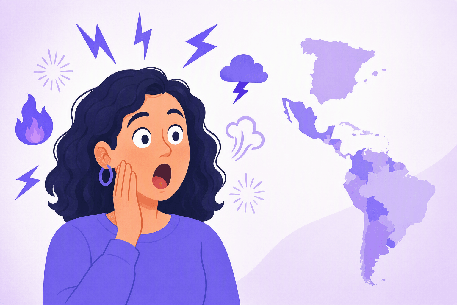 Startled Spanish speaker surrounded by lightning bolt and spark icons, with a map of Spain and Latin America showing regional differences in profanity