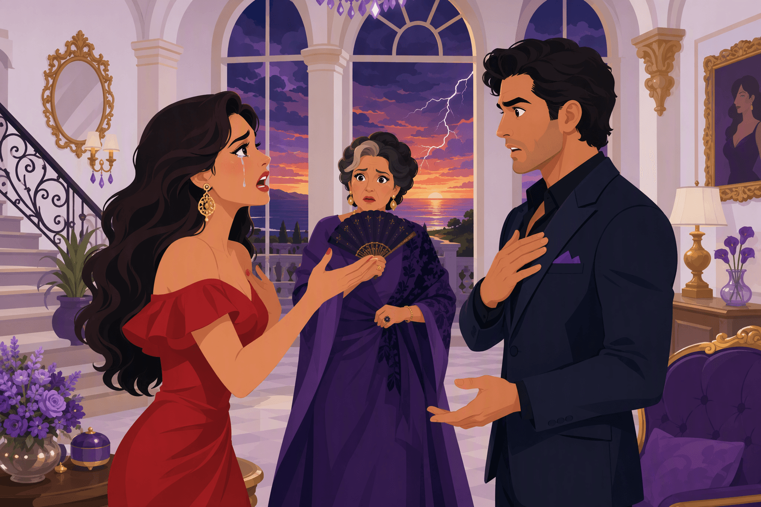 Flat-vector scene showing a tearful woman confronting a shocked man in an ornate mansion as an older woman watches behind them and a stormy sunset shines through tall windows.