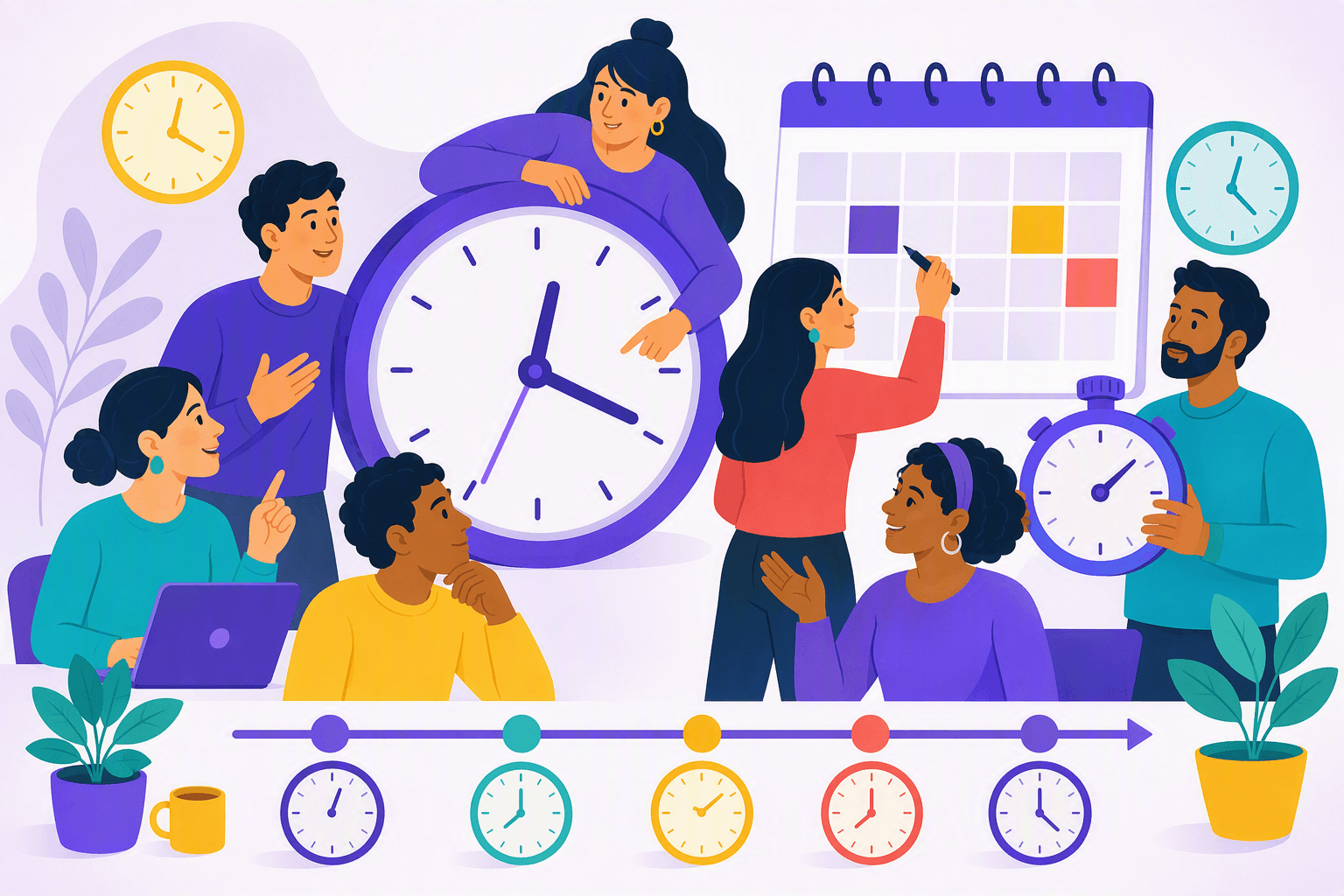 Flat-vector scene showing diverse people discussing schedules beside an analog clock, blank calendar, stopwatch, timeline, and several clocks representing appointments, duration, deadlines, and approximate times.