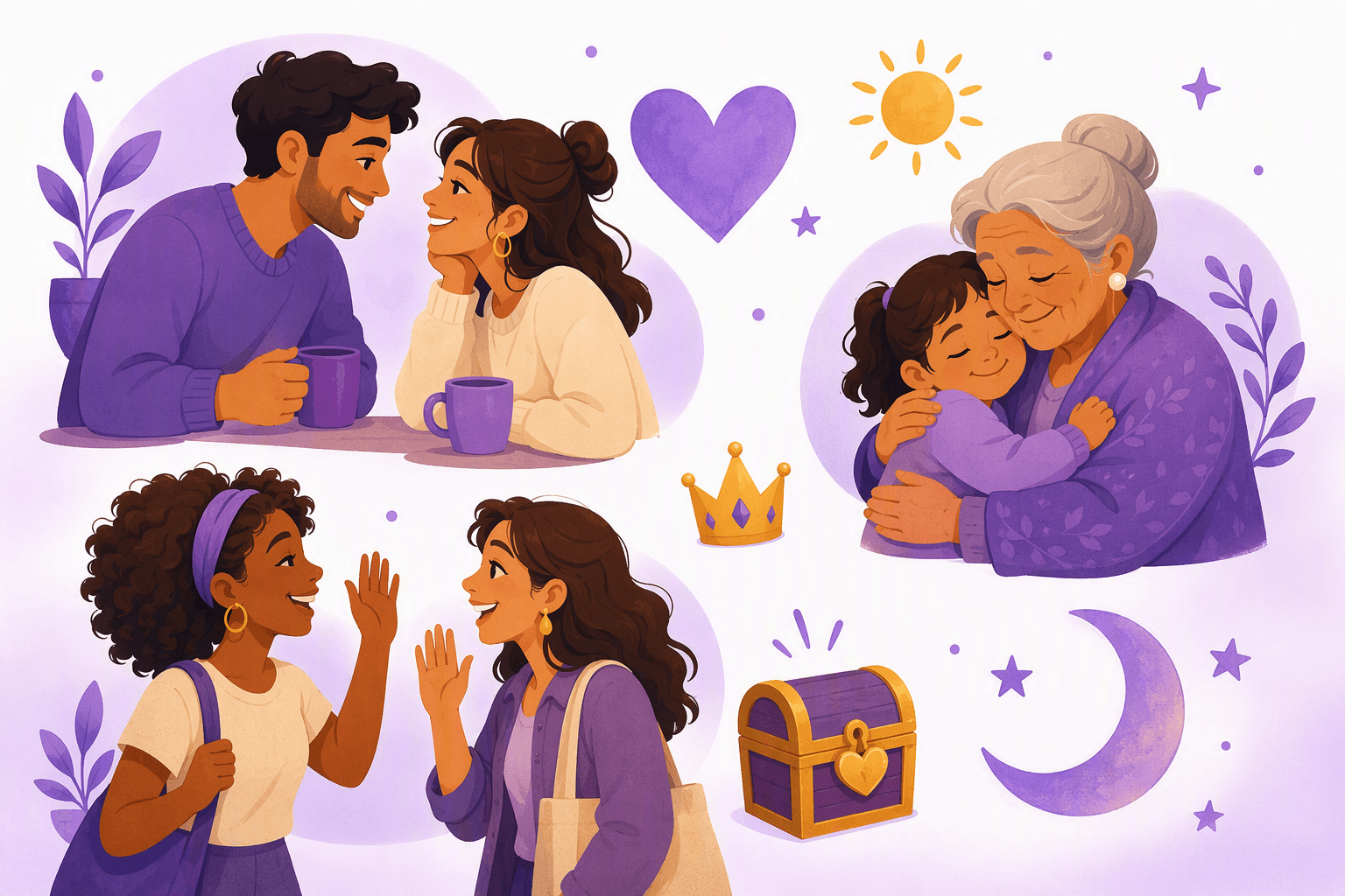 Spanish speakers using terms of endearment: a couple over coffee, a grandmother hugging a child, two friends greeting each other, surrounded by heart, sun, moon, crown and treasure symbols