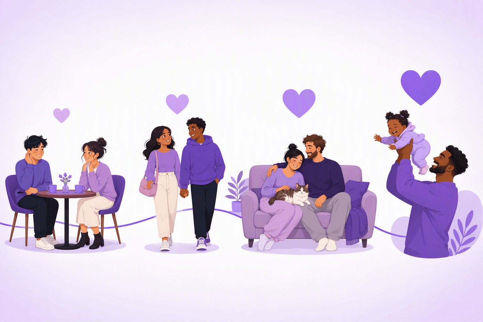 Four relationship stages side by side: a first date at a cafe, a new couple walking hand in hand, a long-together couple on a sofa with a cat, and a parent lifting a laughing toddler, with hearts growing in size above each
