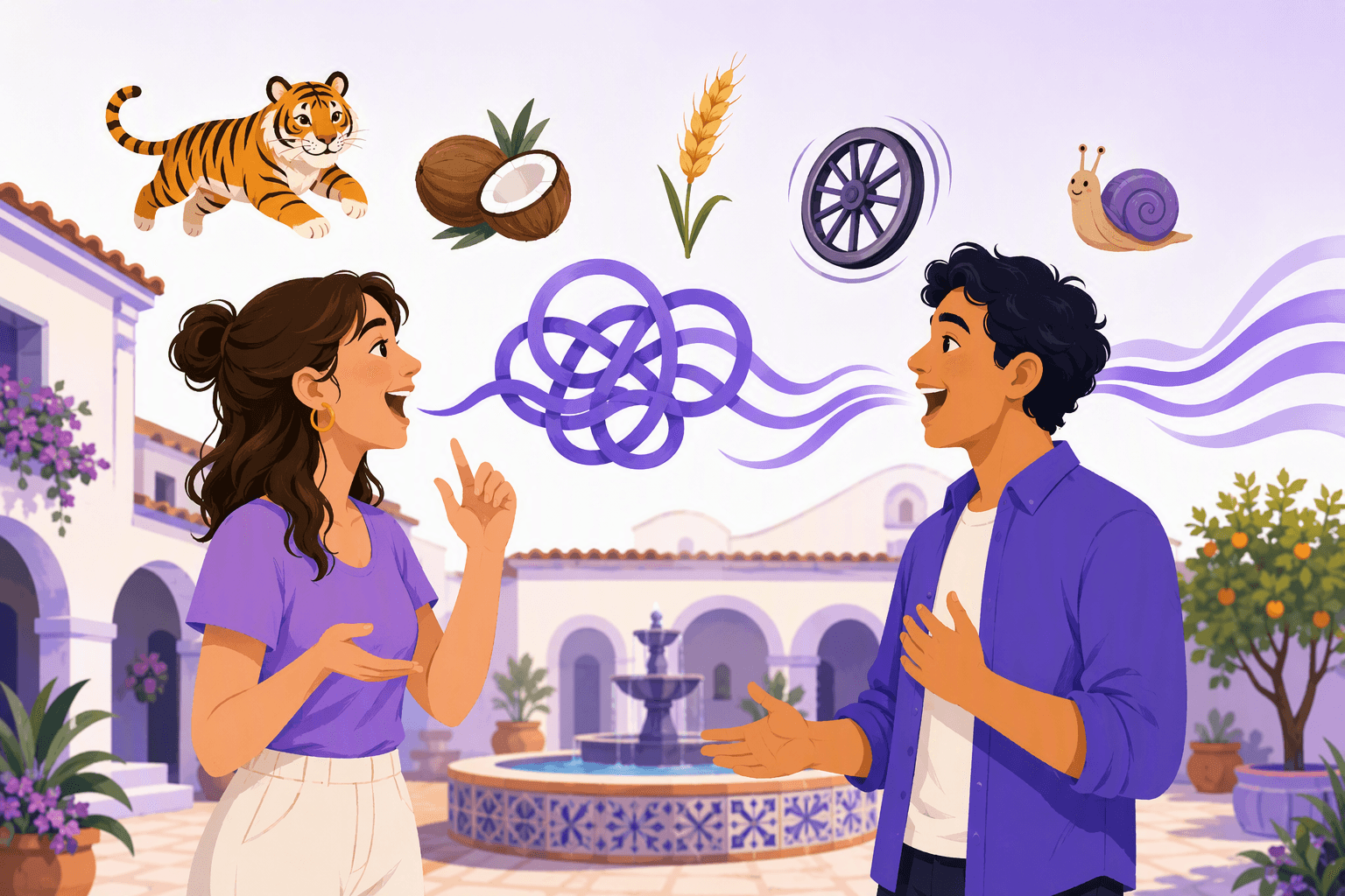 Two friends facing each other in a sunny Spanish courtyard, playfully repeating a trabalenguas while a tangled purple ribbon of sound unwinds into smooth waves, surrounded by floating icons of a tiger, a coconut, a wheat stalk, a spinning wheel and a snail