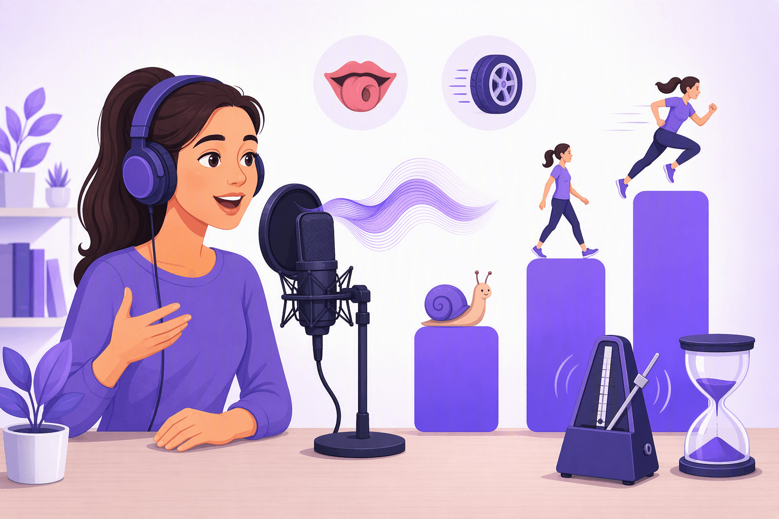 Learner recording herself with headphones and a studio microphone next to a rising speed ladder - a snail on the lowest step, a walking figure on the middle step and a sprinting figure on the highest - with a metronome and an hourglass on the desk