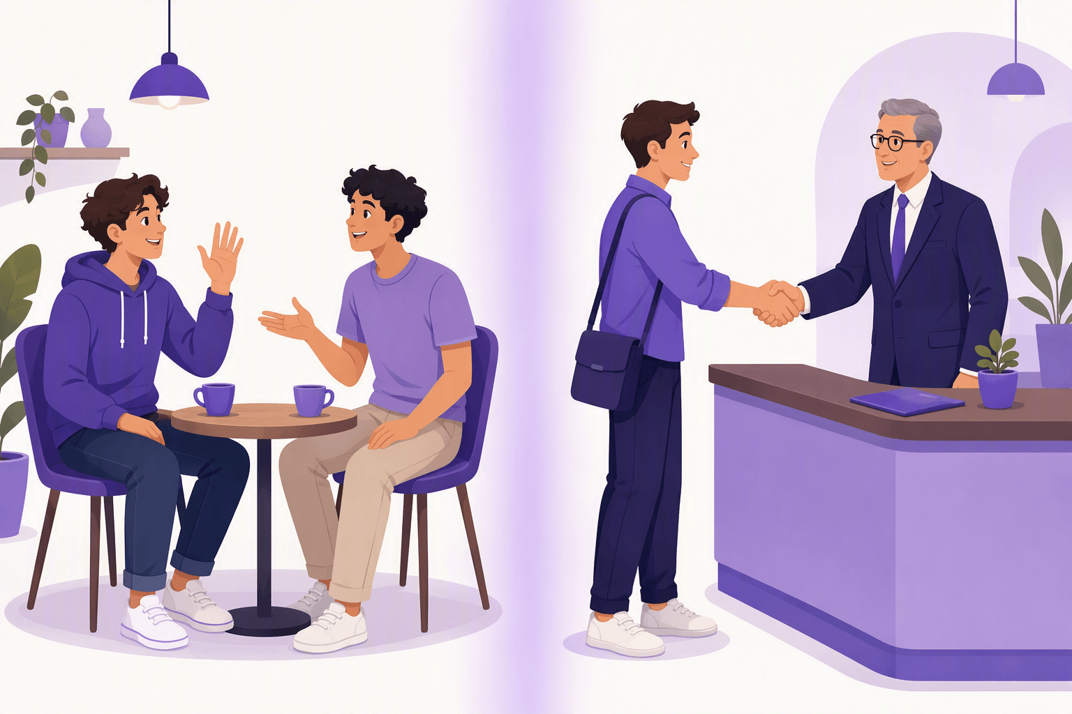 Split illustration contrasting informal and formal address in Spanish: two relaxed friends chatting over coffee on one side, and a person offering a polite handshake to an older man in a suit at a service counter on the other