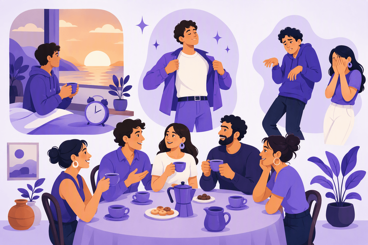 Flat-vector scene depicting friends lingering after dinner, someone wearing new clothes, a person rising before dawn, and an observer feeling embarrassed by another person’s awkward behavior.
