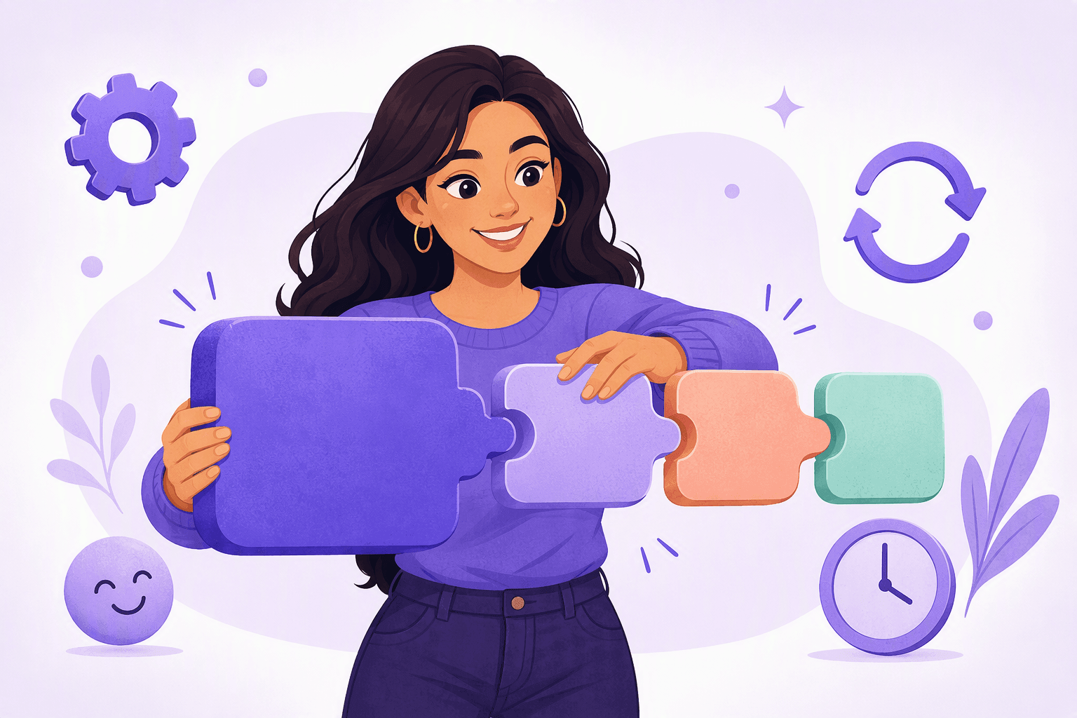 A learner snapping a large verb stem block together with three smaller interchangeable ending blocks, the core idea behind Spanish conjugation