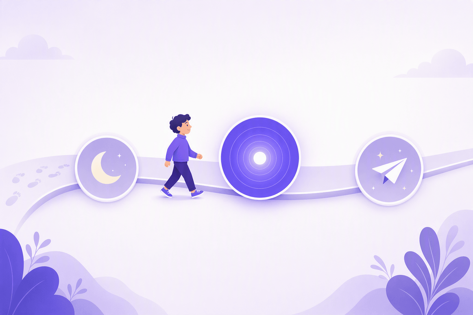A single path crossing the scene with three markers: a crescent moon and fading footprints for the past, a glowing ripple for the present, and a paper plane for the future