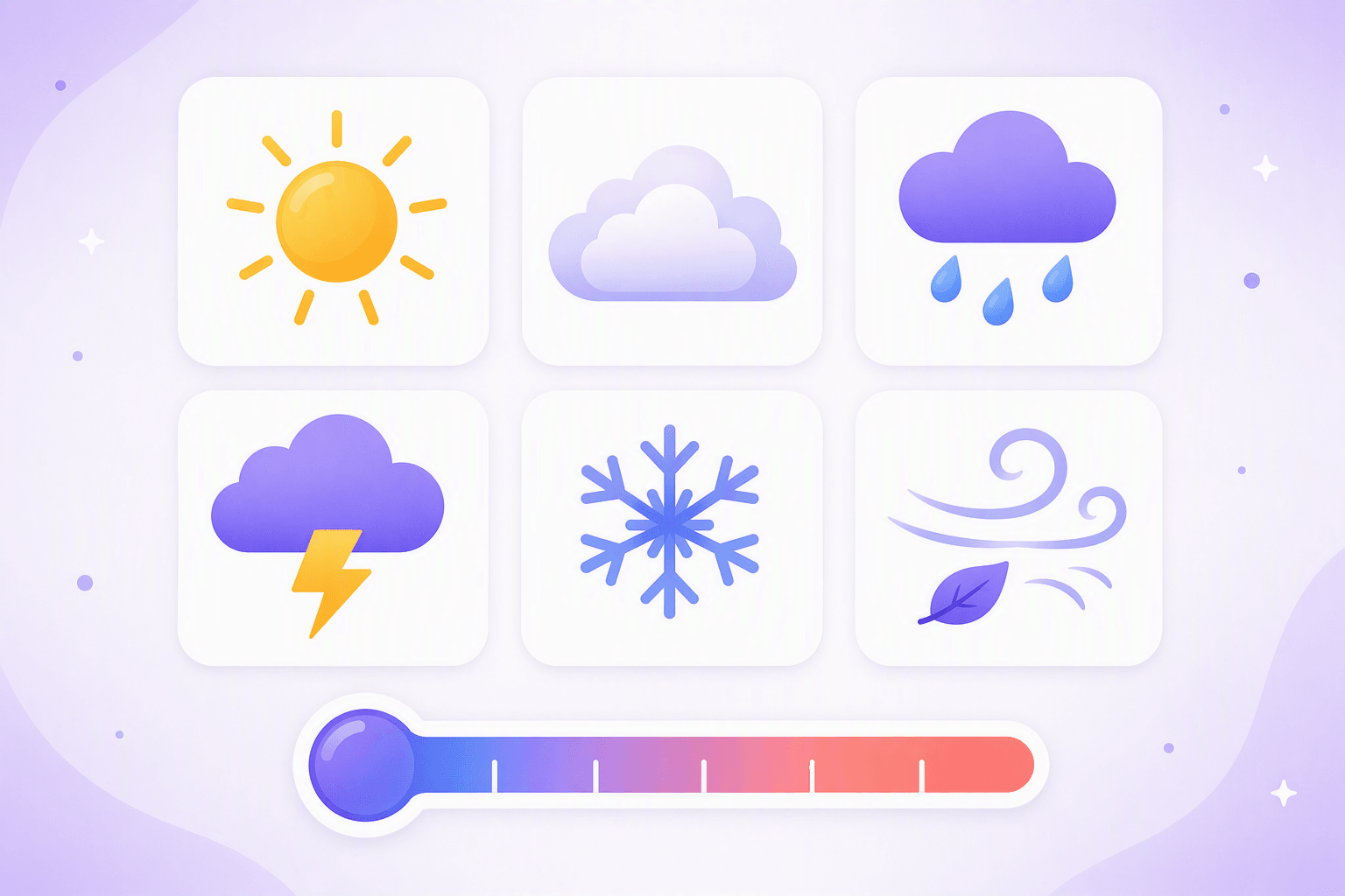 Six weather icons in rounded tiles - sun, cloud, rain cloud, thunderstorm, snowflake and wind - above a thermometer shading from cool blue to warm red