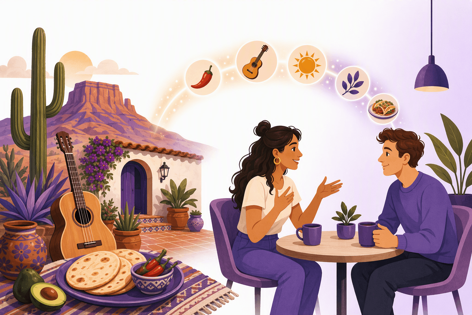 Spanish cultural scenes with a mesa, a tiled patio, a guitar, tortillas and peppers on one side, and two friends chatting in an English-speaking cafe on the other, with word icons flowing between them