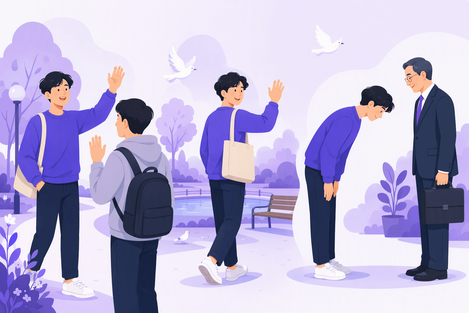 Flat-vector scene showing the casual Korean greeting 안녕 used between young friends for hello and goodbye, with peaceful imagery and a respectful bow toward an older person to indicate that it is less suitable for formal situations.