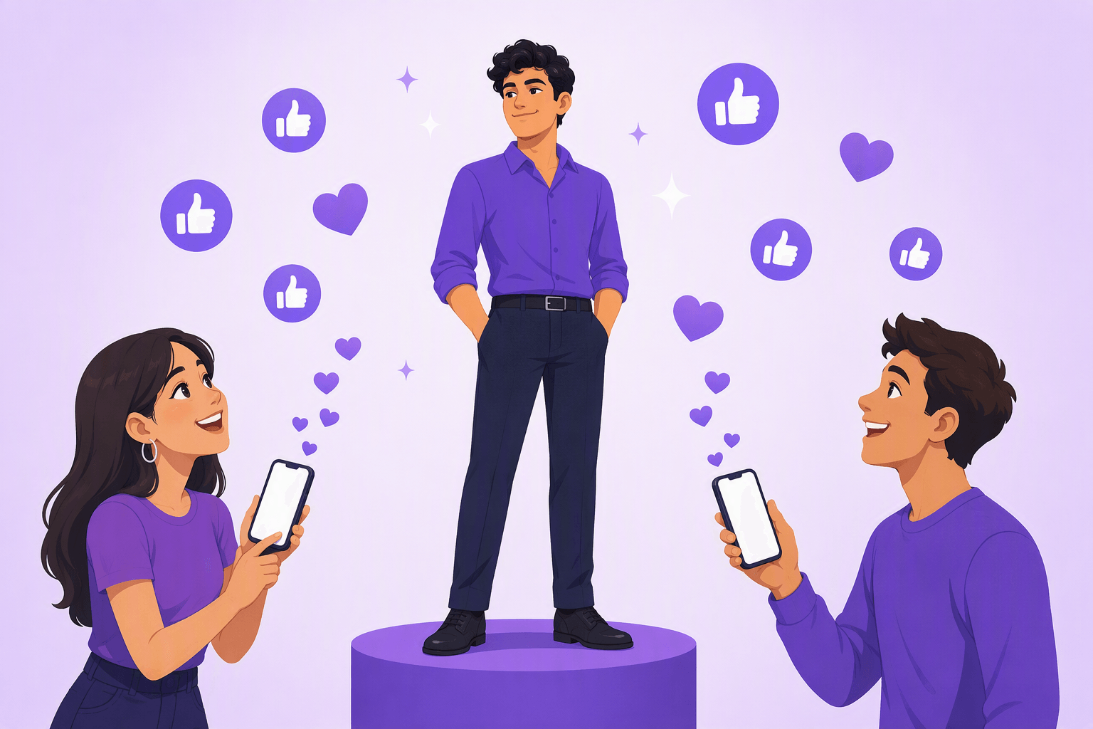 A person standing confidently on a raised platform while two onlookers holding phones look up and react with thumbs-up and heart icons