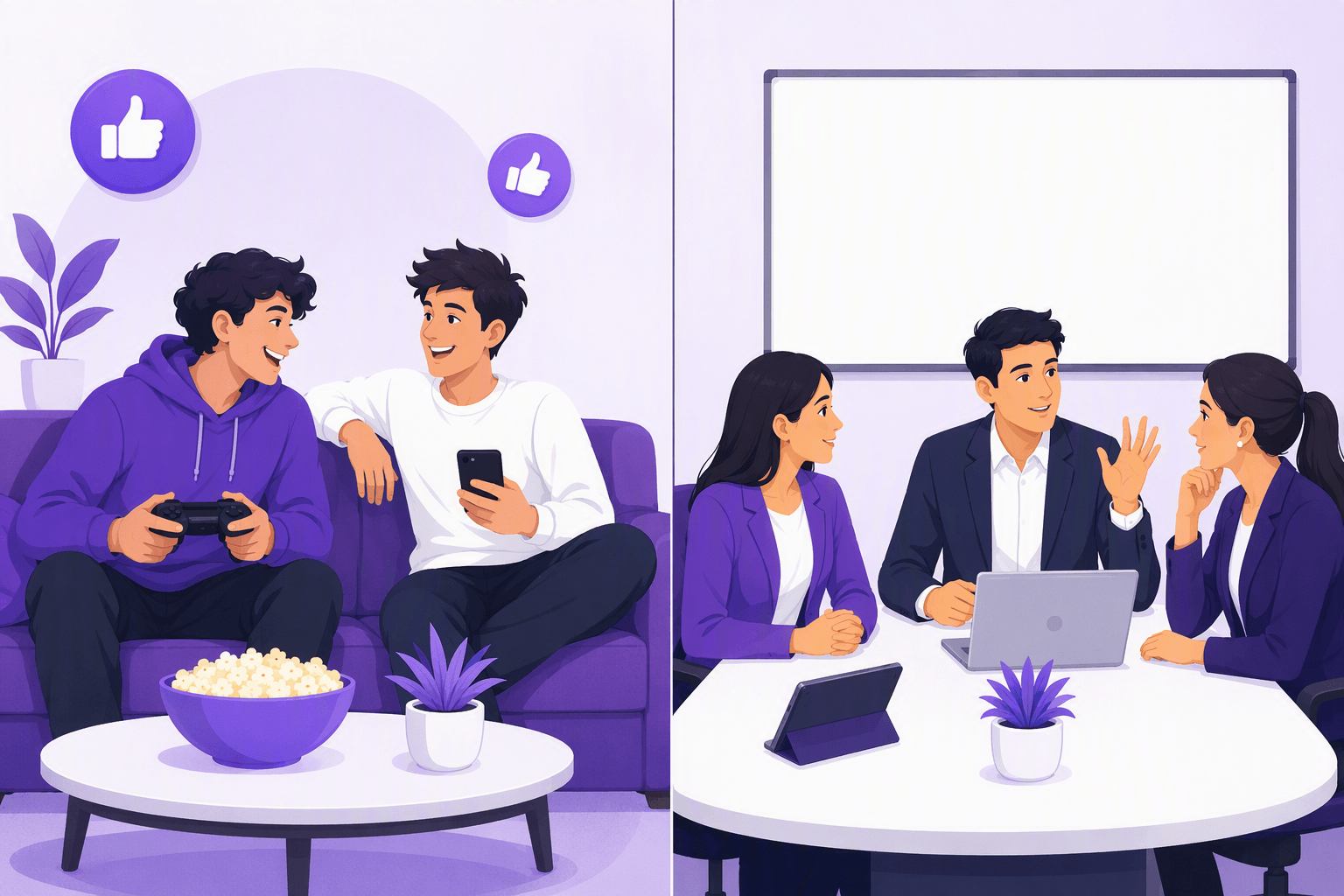 Split illustration comparing a relaxed conversation between friends on a couch with a formal meeting in an office