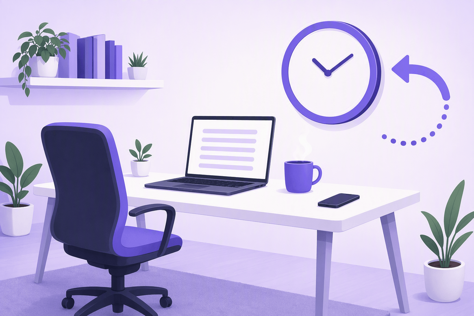 Flat vector illustration of an empty desk chair beside a desk with an open laptop, a steaming mug and a phone, under a wall clock and a curved return arrow, symbolizing stepping away from a conversation and coming back soon