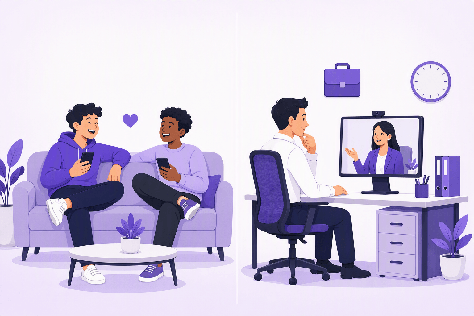 Flat vector illustration split in two: on the left two friends laughing on a sofa with phones in hand and a heart icon between them, on the right a person at a desk on a formal video call with a briefcase icon, a wall clock and office folders, showing the difference between casual and professional chat register