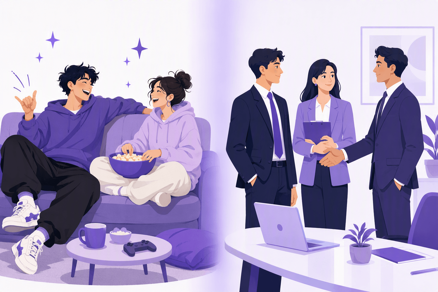 Split illustration contrasting two registers: on the left two friends laughing on a sofa over a bowl of snacks in hoodies, on the right three colleagues in blazers standing formally around a meeting table