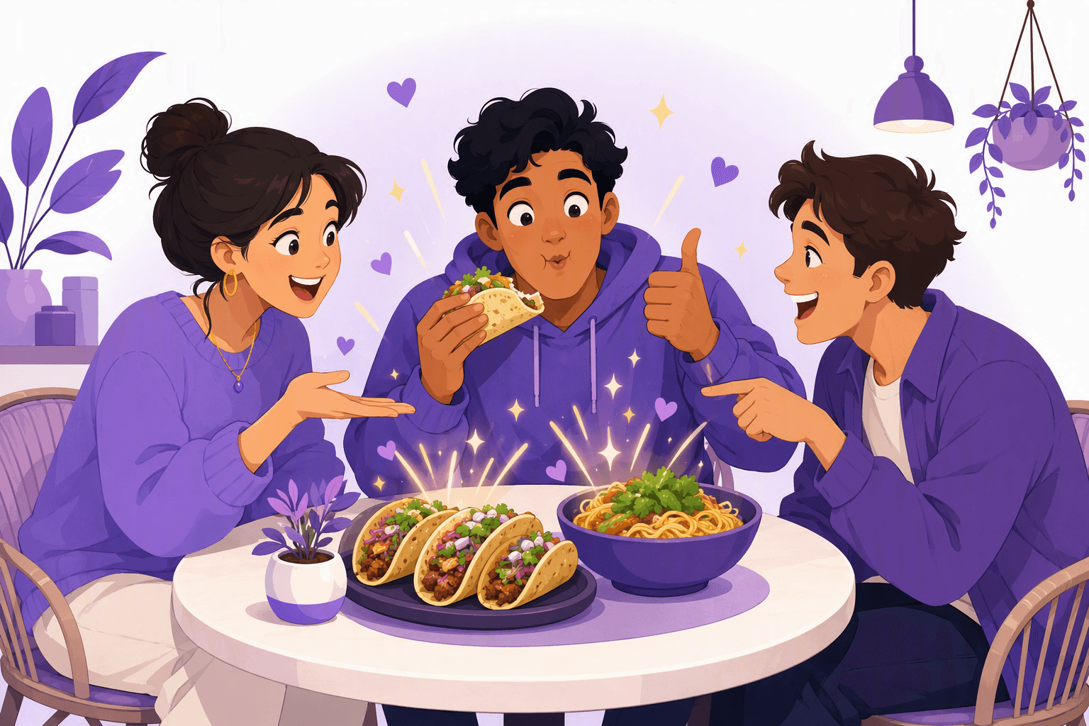 Three young friends around a cafe table sharing tacos and noodles, the one in the middle reacting to a bite with delighted wide eyes and a thumbs-up