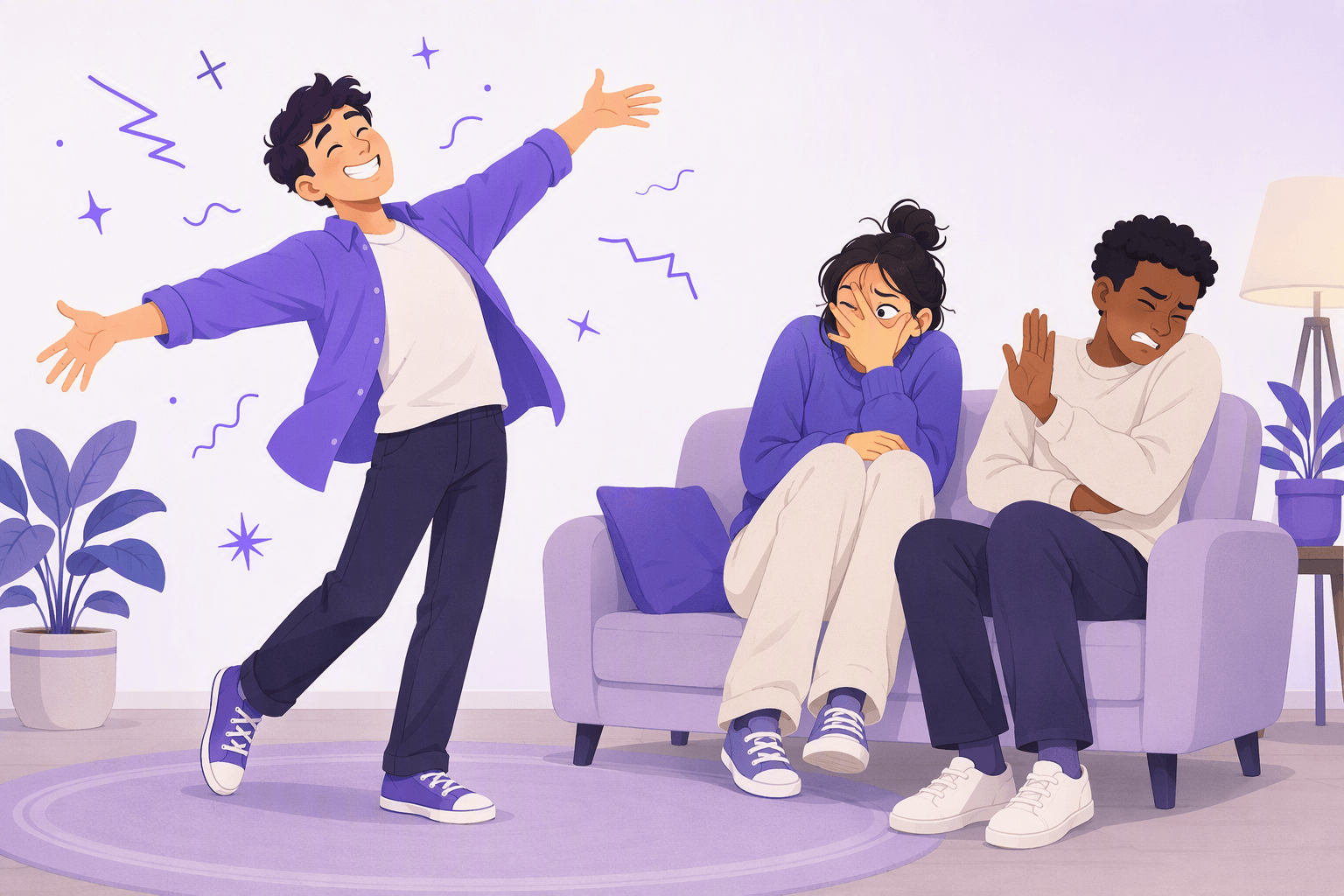 A person striking an over-eager pose while two friends on a couch wince, hunch their shoulders and cover their eyes in secondhand embarrassment